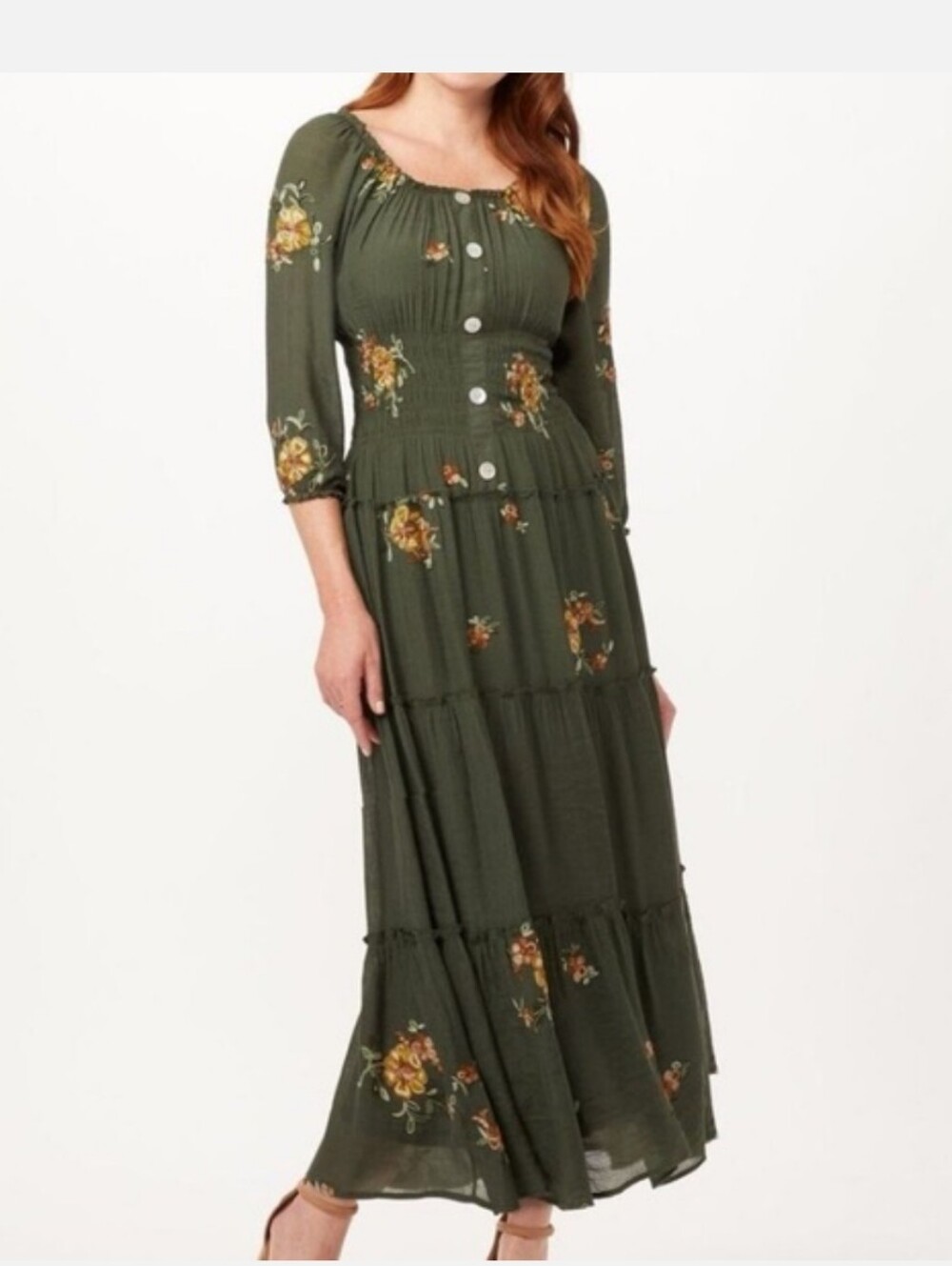 Fig & Flower Anthropologie Olive Green Embroidered Peasant Boho Maxi Dress Sz M - Picture 2 of 10